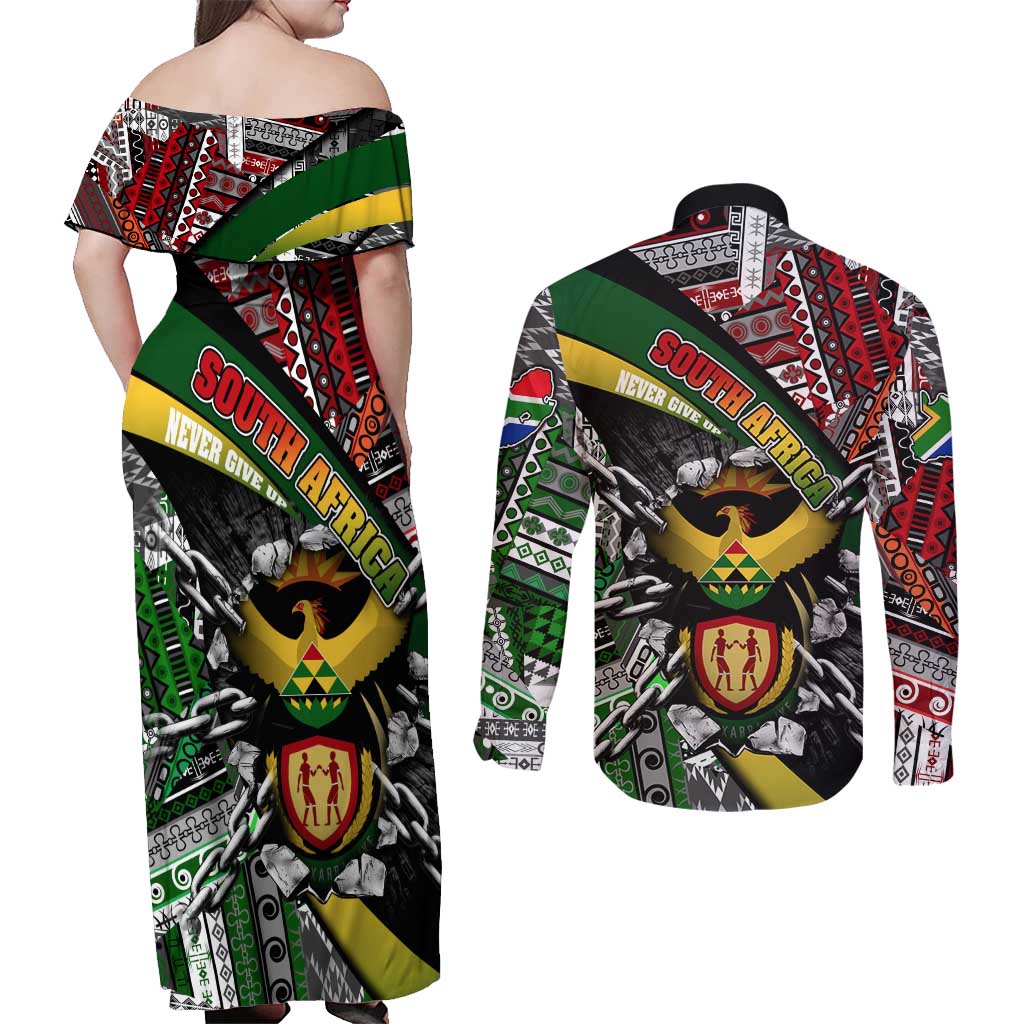South Africa Never Give Up Couples Matching Off Shoulder Maxi Dress and Long Sleeve Button Shirt SA Fist of Freedom