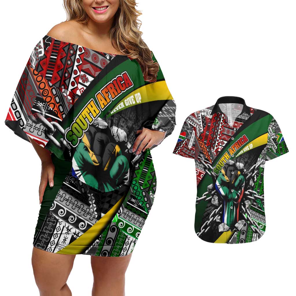 South Africa Never Give Up Couples Matching Off Shoulder Short Dress and Hawaiian Shirt SA Fist of Freedom