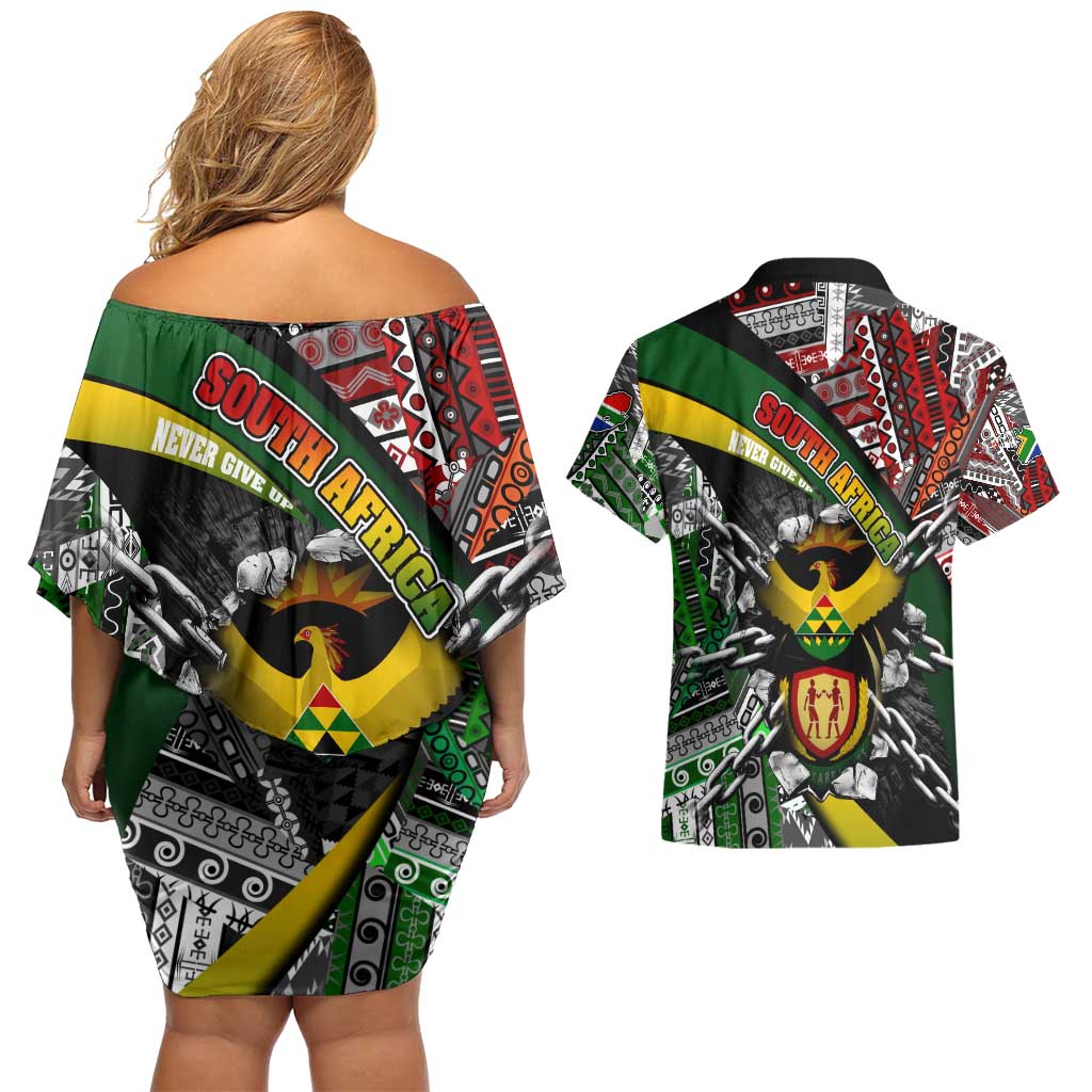 South Africa Never Give Up Couples Matching Off Shoulder Short Dress and Hawaiian Shirt SA Fist of Freedom