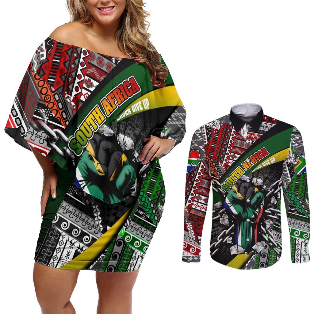South Africa Never Give Up Couples Matching Off Shoulder Short Dress and Long Sleeve Button Shirt SA Fist of Freedom
