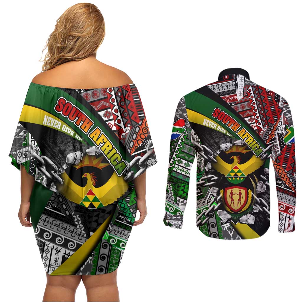South Africa Never Give Up Couples Matching Off Shoulder Short Dress and Long Sleeve Button Shirt SA Fist of Freedom