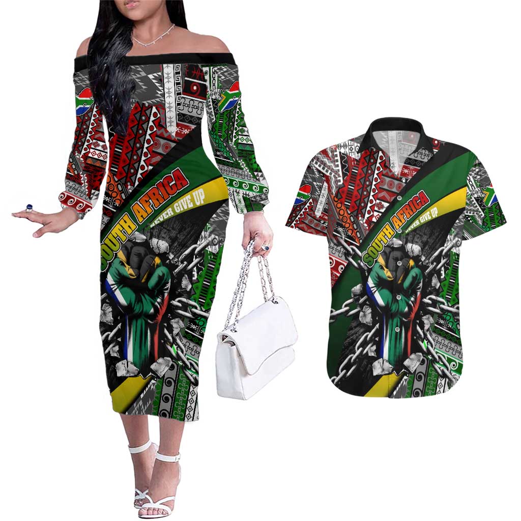 South Africa Never Give Up Couples Matching Off The Shoulder Long Sleeve Dress and Hawaiian Shirt SA Fist of Freedom