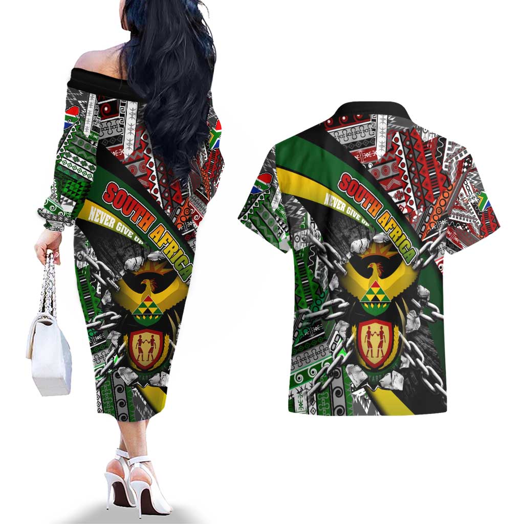 South Africa Never Give Up Couples Matching Off The Shoulder Long Sleeve Dress and Hawaiian Shirt SA Fist of Freedom