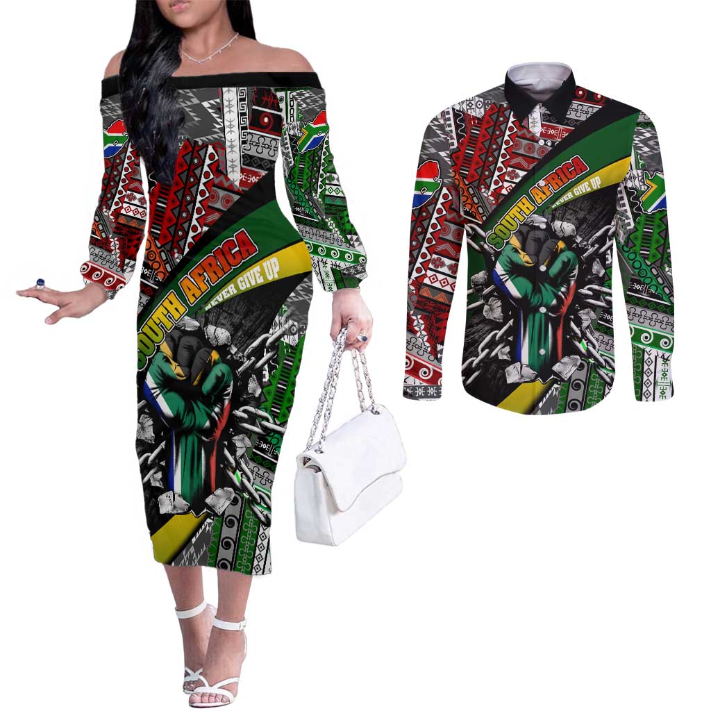 South Africa Never Give Up Couples Matching Off The Shoulder Long Sleeve Dress and Long Sleeve Button Shirt SA Fist of Freedom