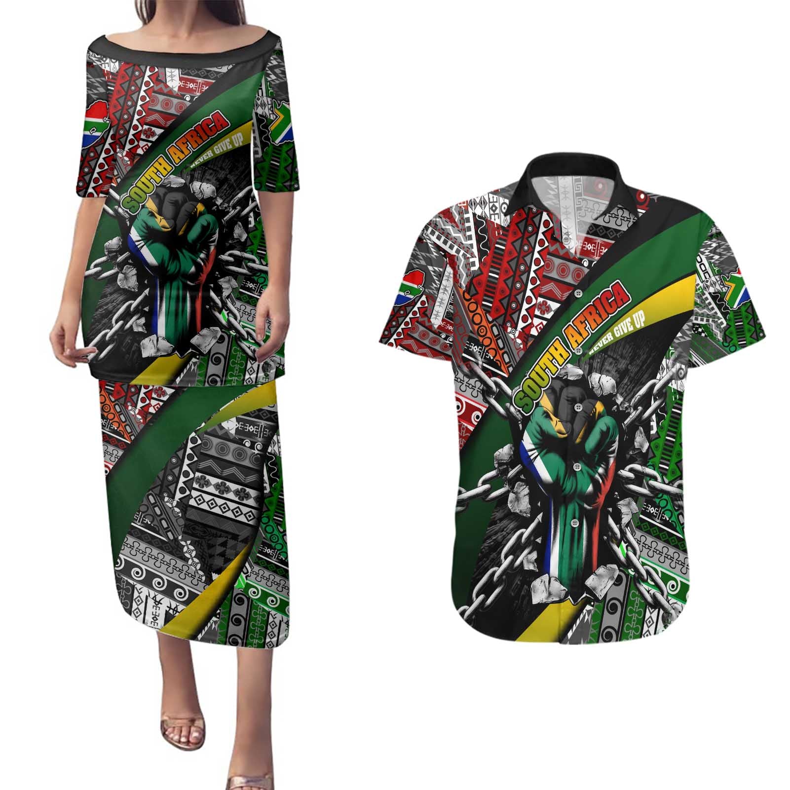 South Africa Never Give Up Couples Matching Puletasi and Hawaiian Shirt SA Fist of Freedom