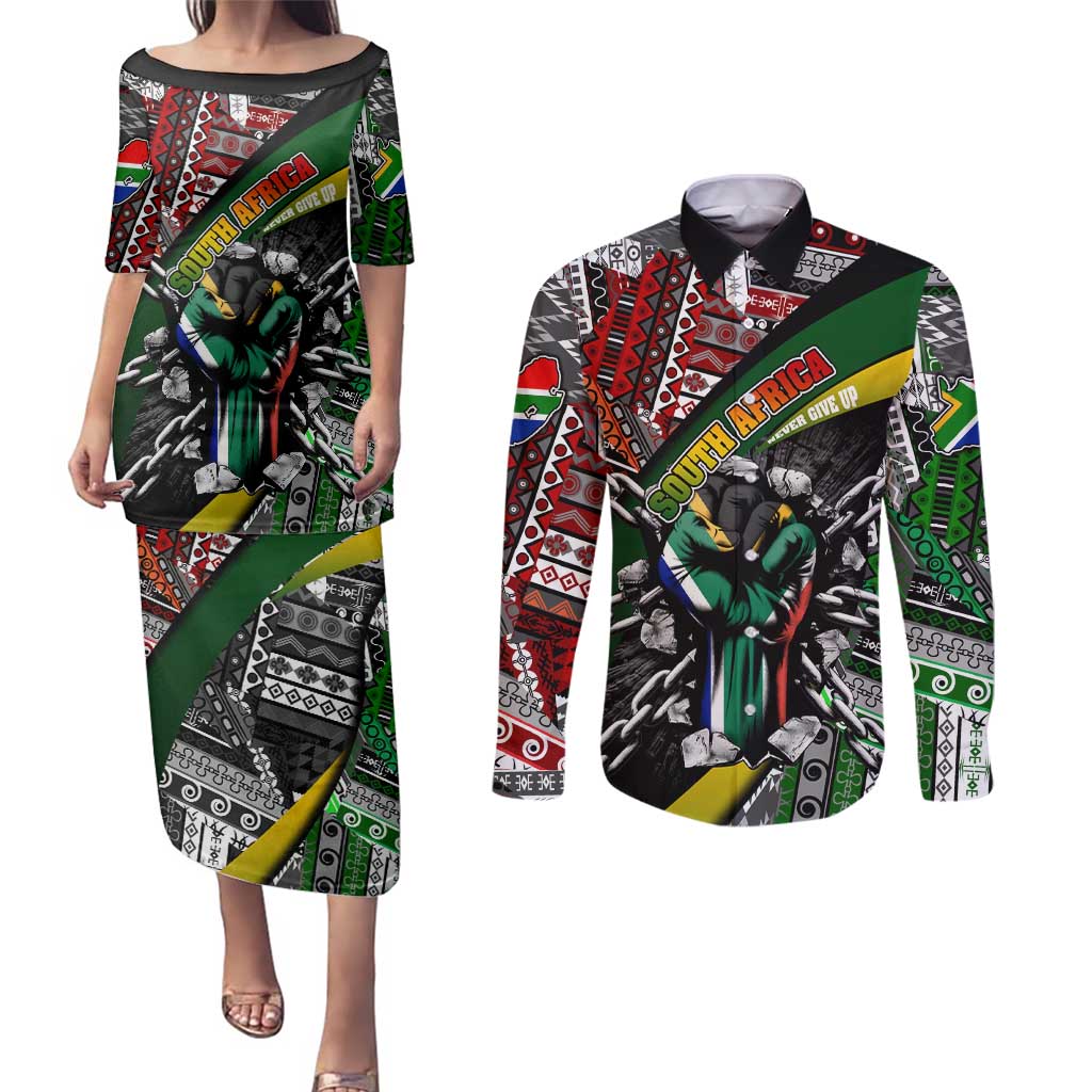 South Africa Never Give Up Couples Matching Puletasi and Long Sleeve Button Shirt SA Fist of Freedom