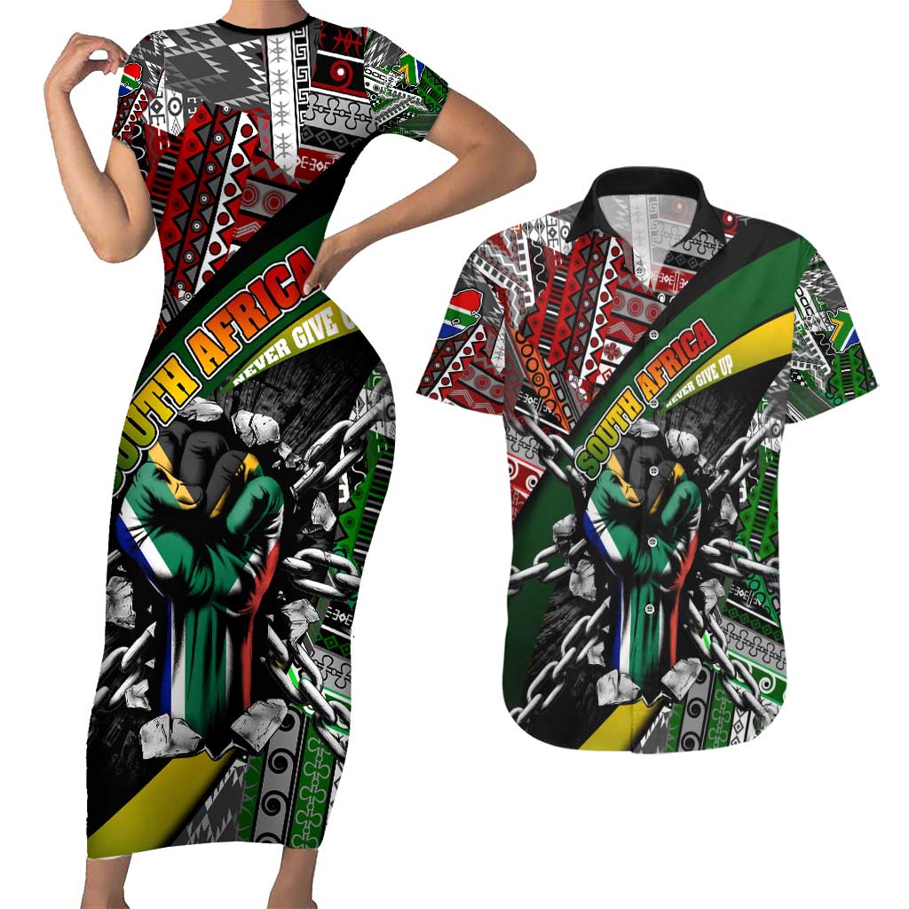 South Africa Never Give Up Couples Matching Short Sleeve Bodycon Dress and Hawaiian Shirt SA Fist of Freedom