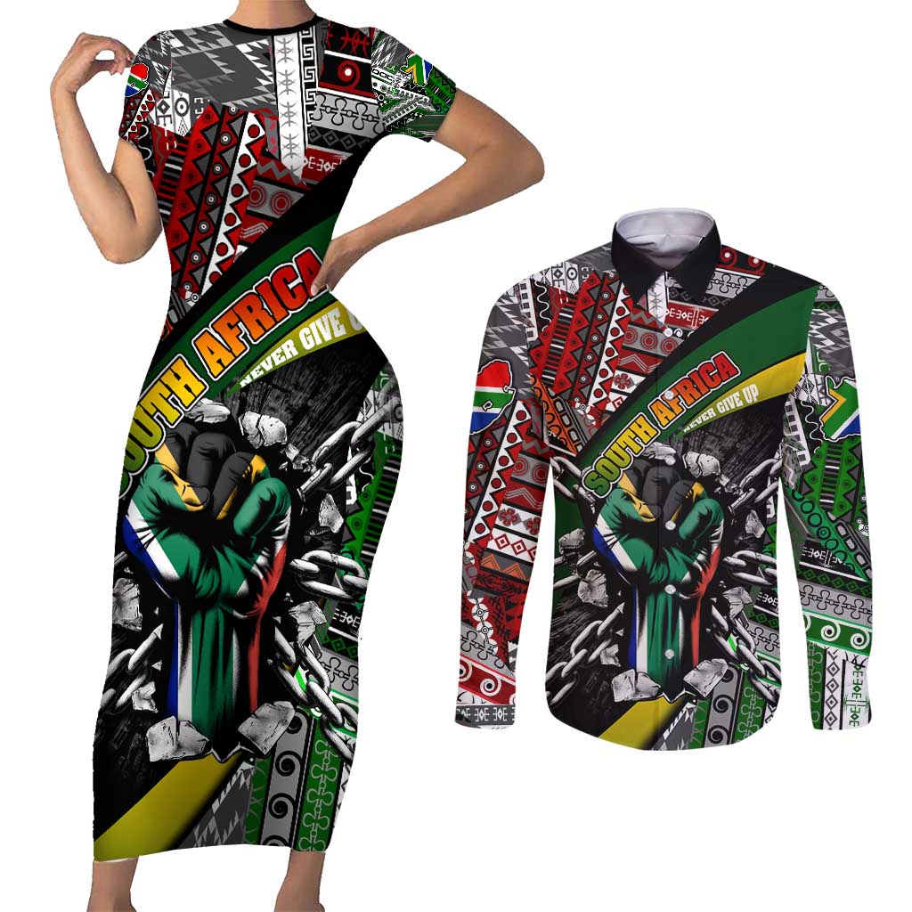 South Africa Never Give Up Couples Matching Short Sleeve Bodycon Dress and Long Sleeve Button Shirt SA Fist of Freedom