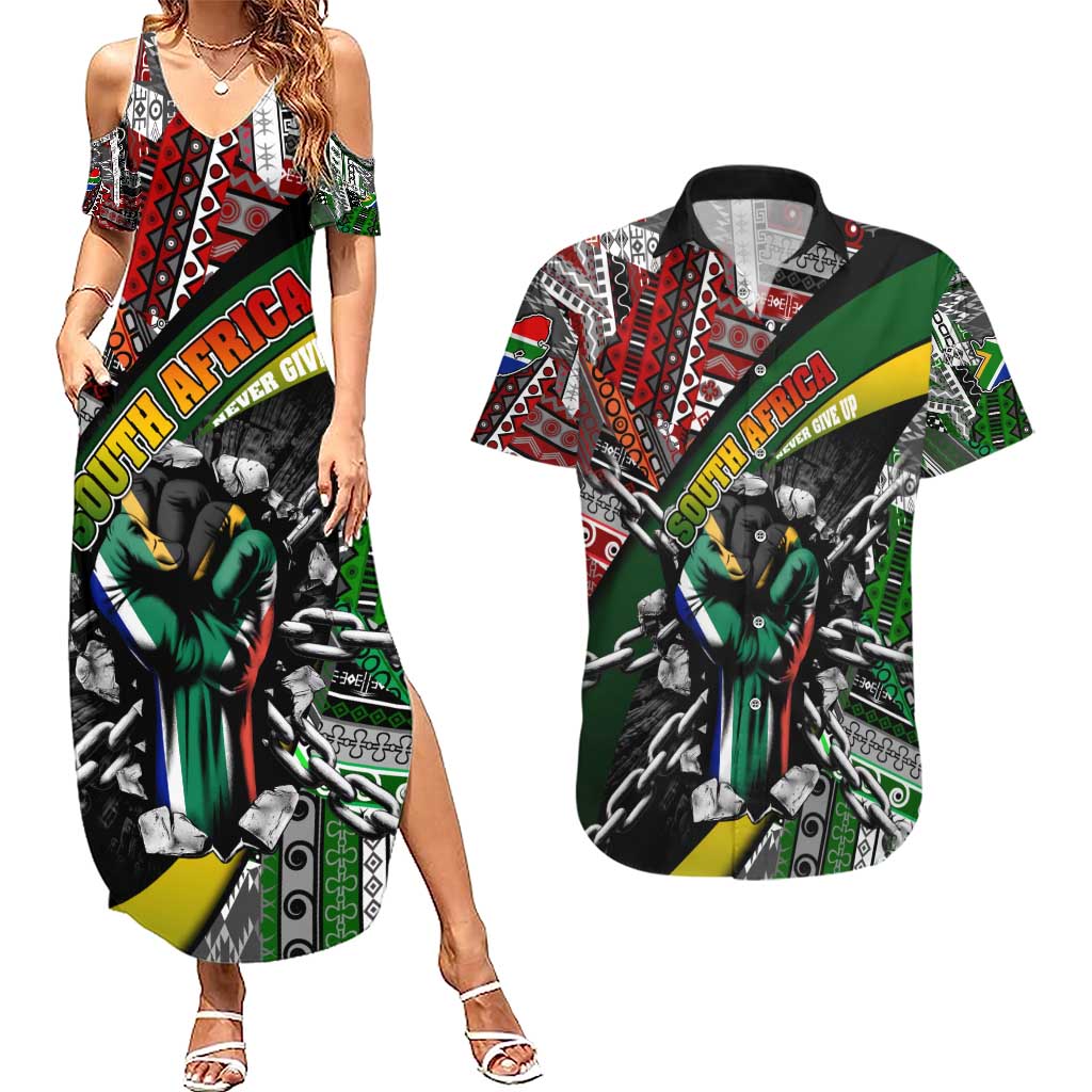 South Africa Never Give Up Couples Matching Summer Maxi Dress and Hawaiian Shirt SA Fist of Freedom
