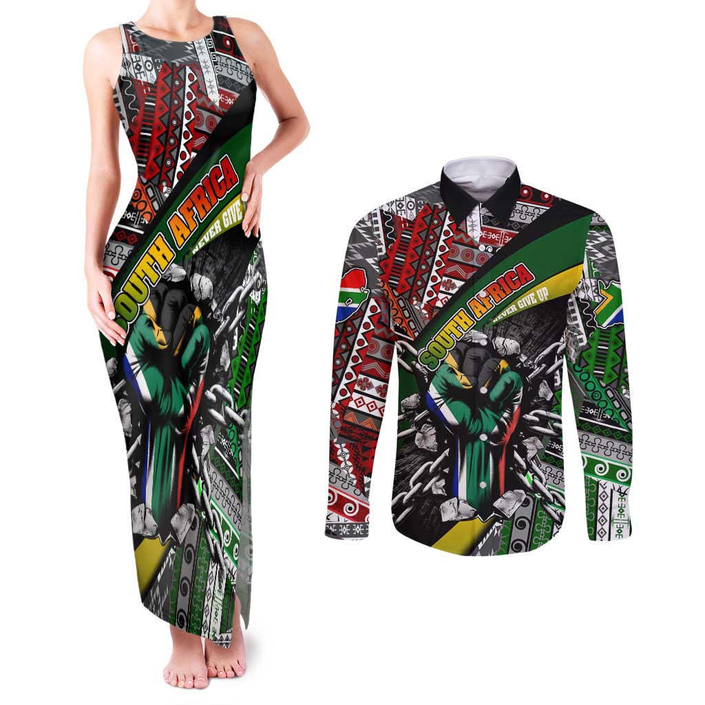 South Africa Never Give Up Couples Matching Tank Maxi Dress and Long Sleeve Button Shirt SA Fist of Freedom