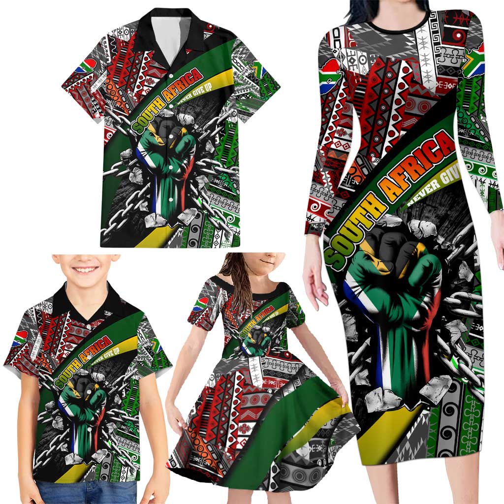South Africa Never Give Up Family Matching Long Sleeve Bodycon Dress and Hawaiian Shirt SA Fist of Freedom