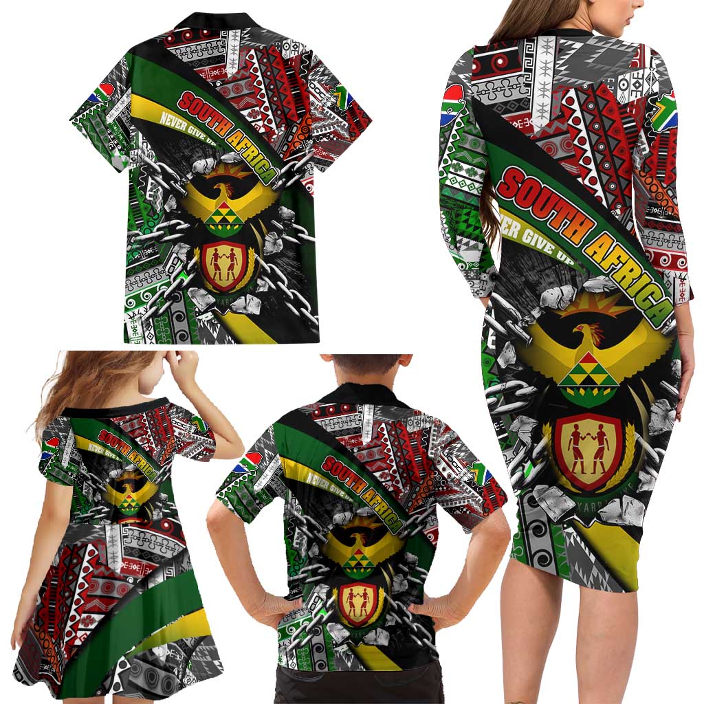 South Africa Never Give Up Family Matching Long Sleeve Bodycon Dress and Hawaiian Shirt SA Fist of Freedom