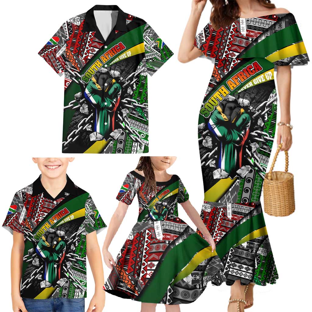 South Africa Never Give Up Family Matching Mermaid Dress and Hawaiian Shirt SA Fist of Freedom