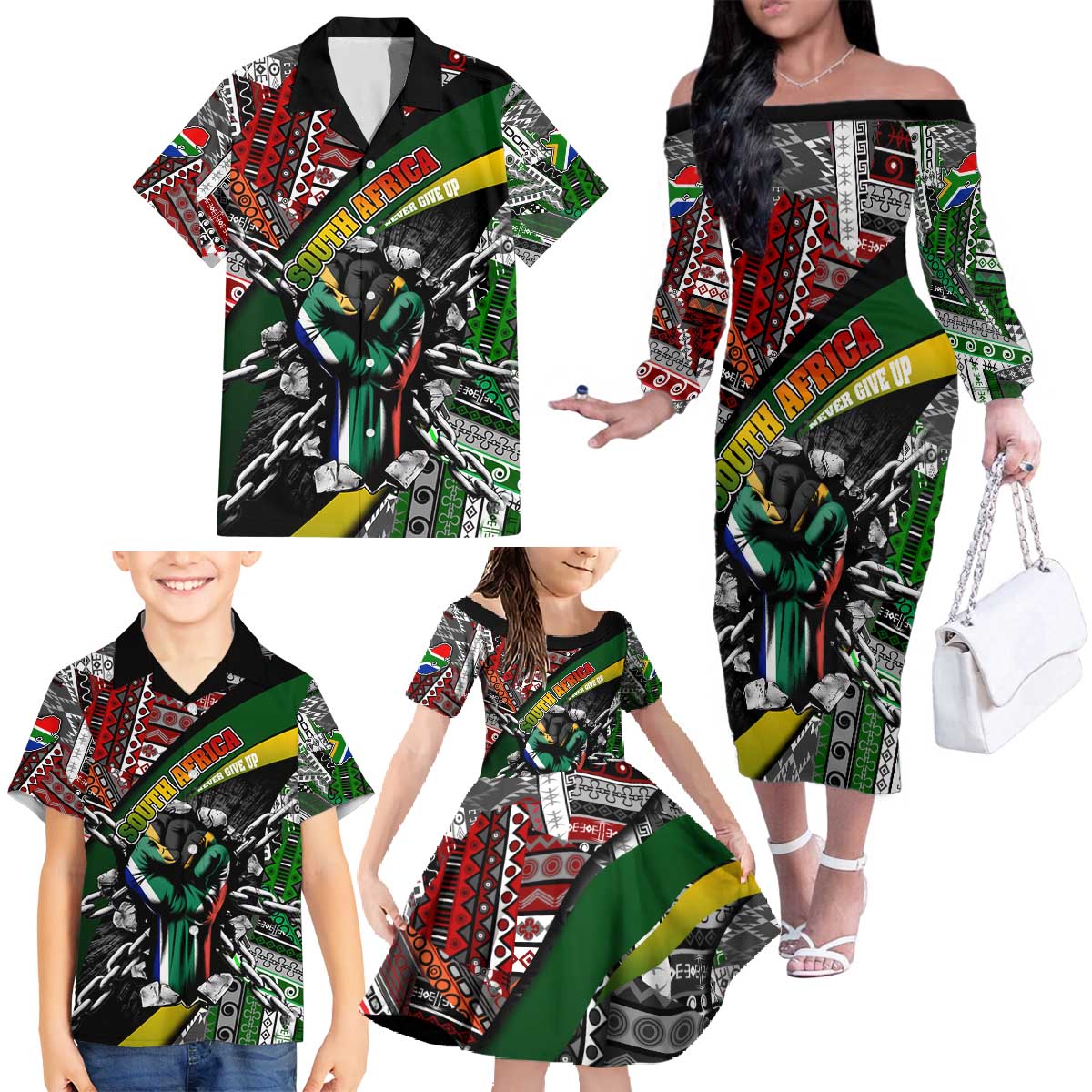 South Africa Never Give Up Family Matching Off The Shoulder Long Sleeve Dress and Hawaiian Shirt SA Fist of Freedom