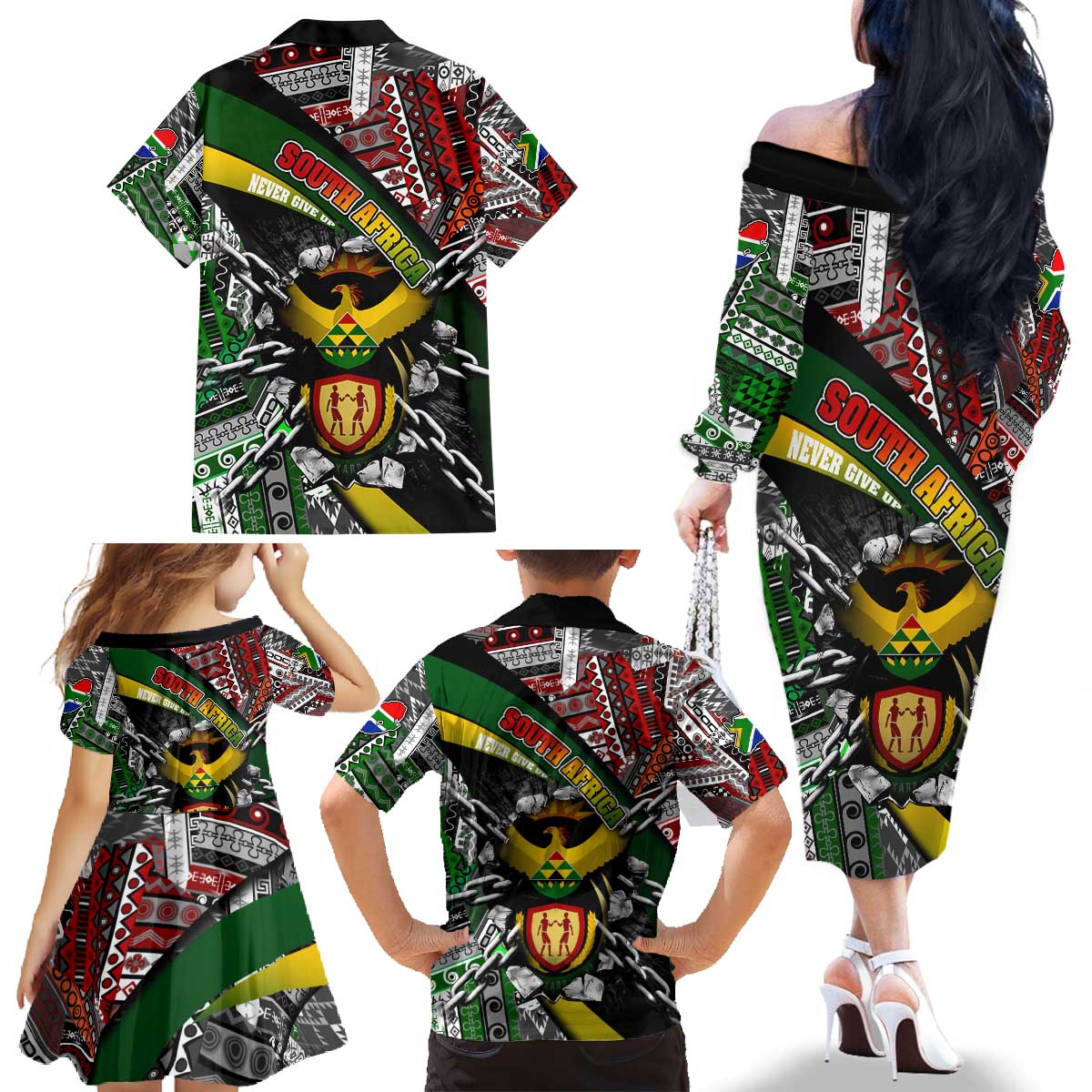 South Africa Never Give Up Family Matching Off The Shoulder Long Sleeve Dress and Hawaiian Shirt SA Fist of Freedom