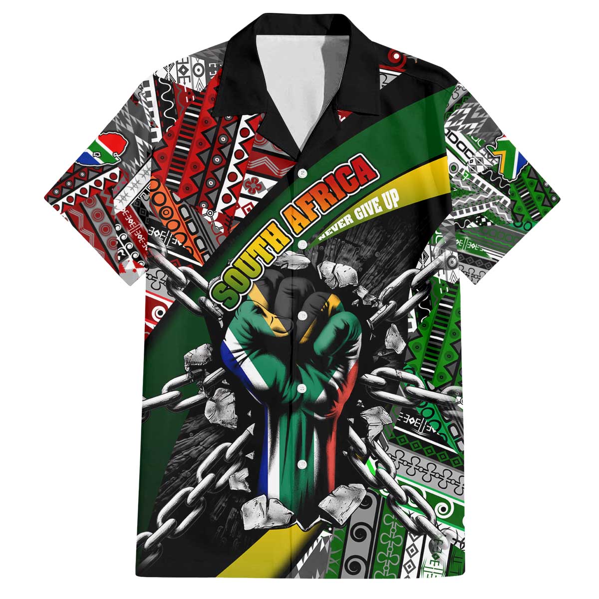South Africa Never Give Up Family Matching Off The Shoulder Long Sleeve Dress and Hawaiian Shirt SA Fist of Freedom