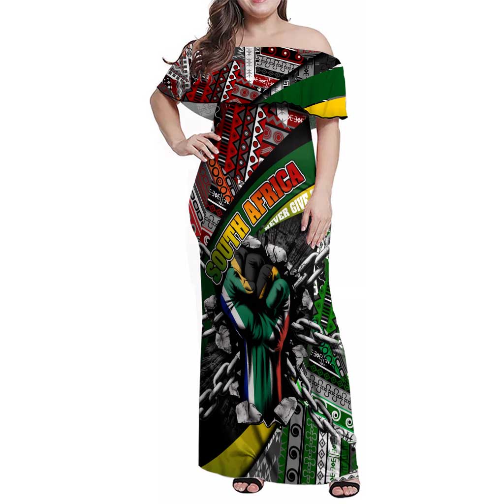 South Africa Never Give Up Family Matching Off Shoulder Maxi Dress and Hawaiian Shirt SA Fist of Freedom