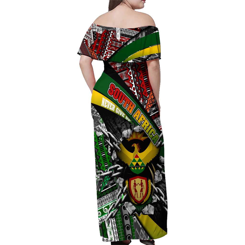 South Africa Never Give Up Family Matching Off Shoulder Maxi Dress and Hawaiian Shirt SA Fist of Freedom