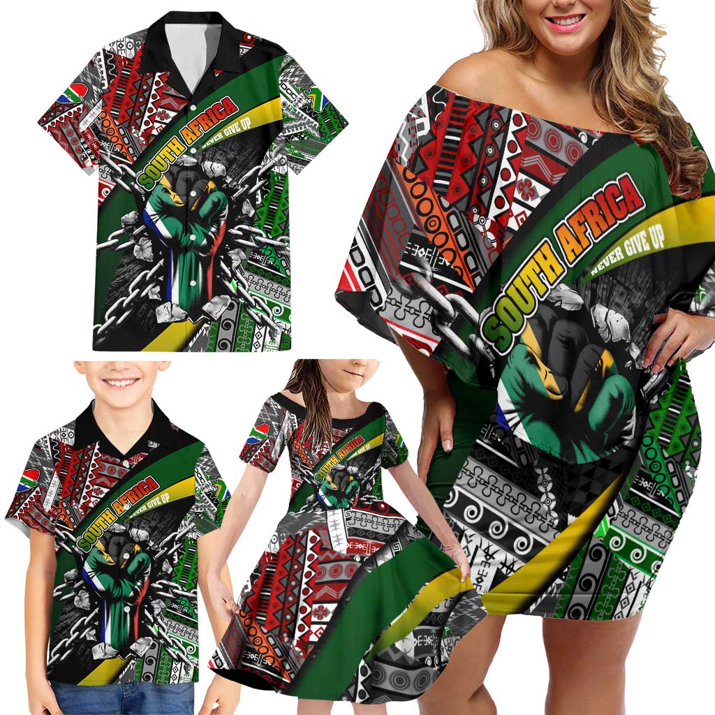 South Africa Never Give Up Family Matching Off Shoulder Short Dress and Hawaiian Shirt SA Fist of Freedom