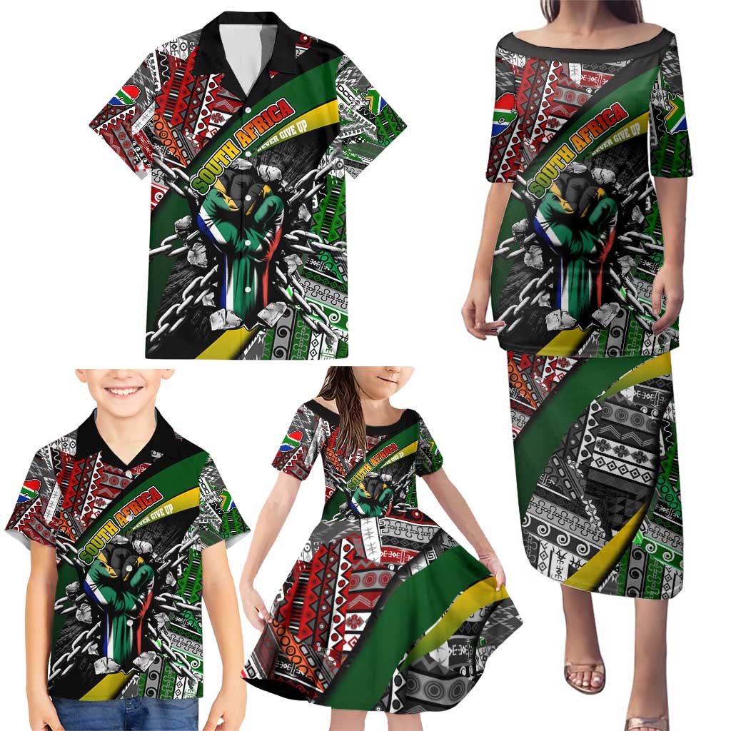 South Africa Never Give Up Family Matching Puletasi and Hawaiian Shirt SA Fist of Freedom