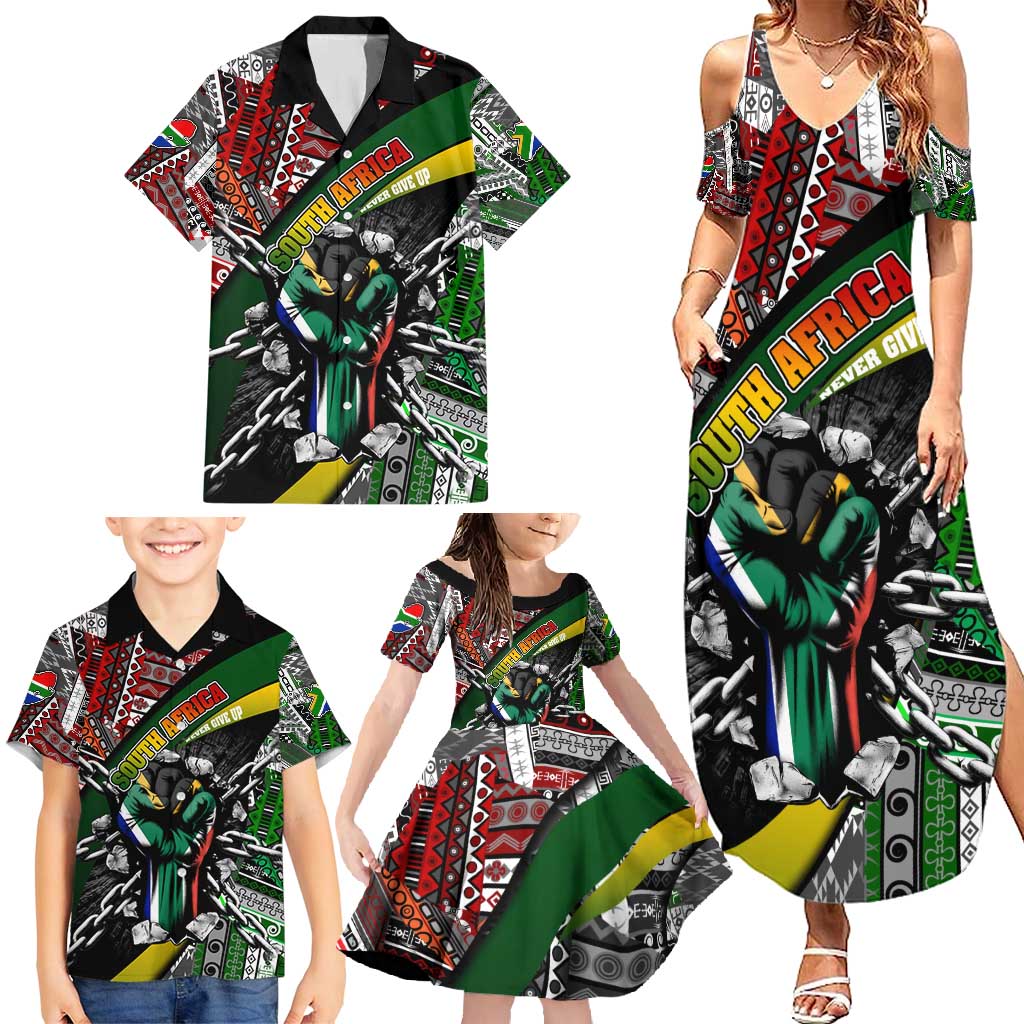 South Africa Never Give Up Family Matching Summer Maxi Dress and Hawaiian Shirt SA Fist of Freedom