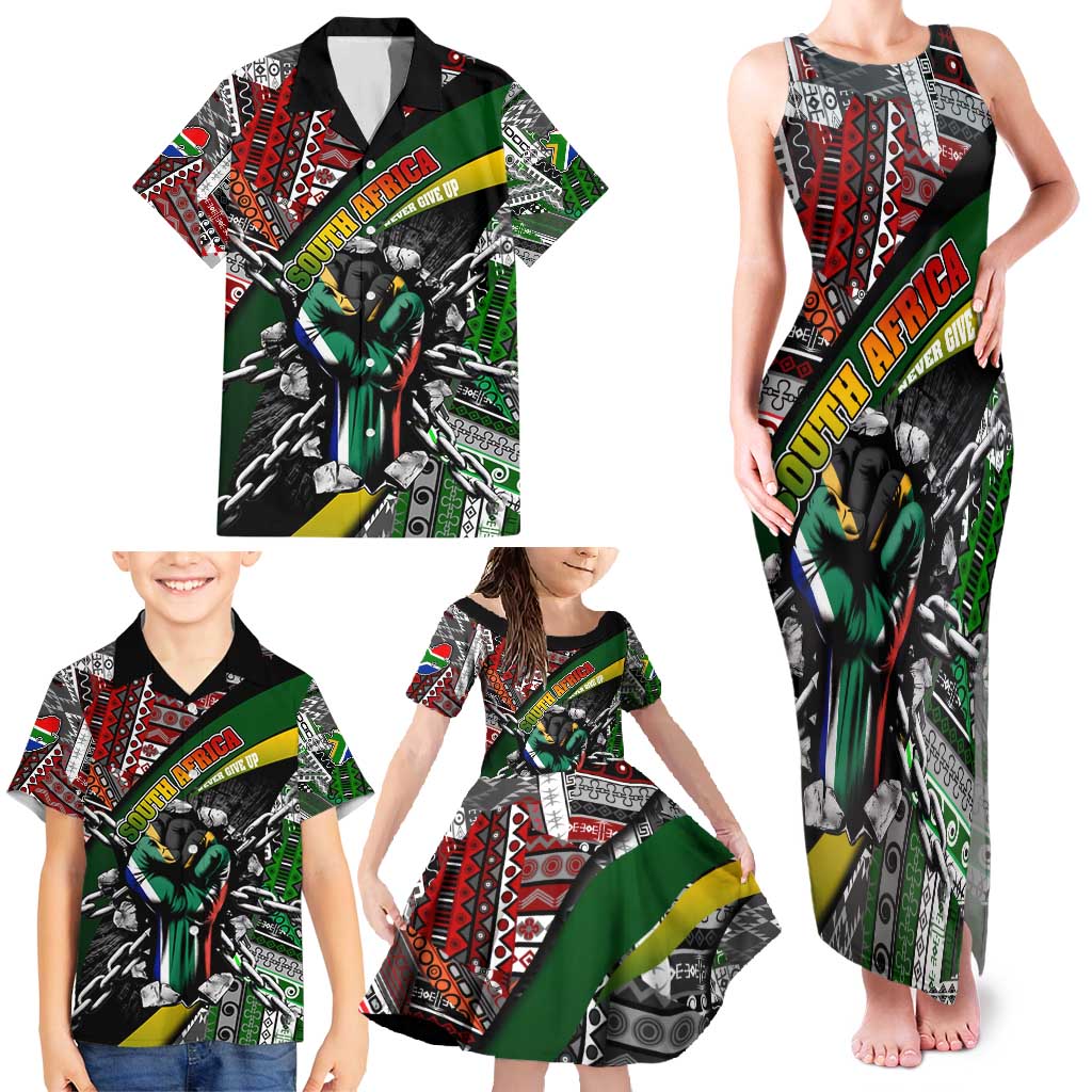 South Africa Never Give Up Family Matching Tank Maxi Dress and Hawaiian Shirt SA Fist of Freedom