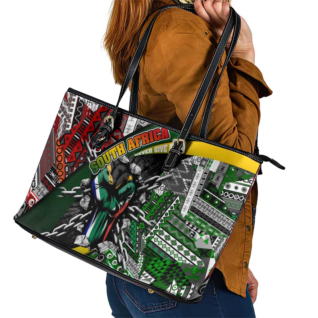 South Africa Never Give Up Leather Tote Bag SA Fist of Freedom