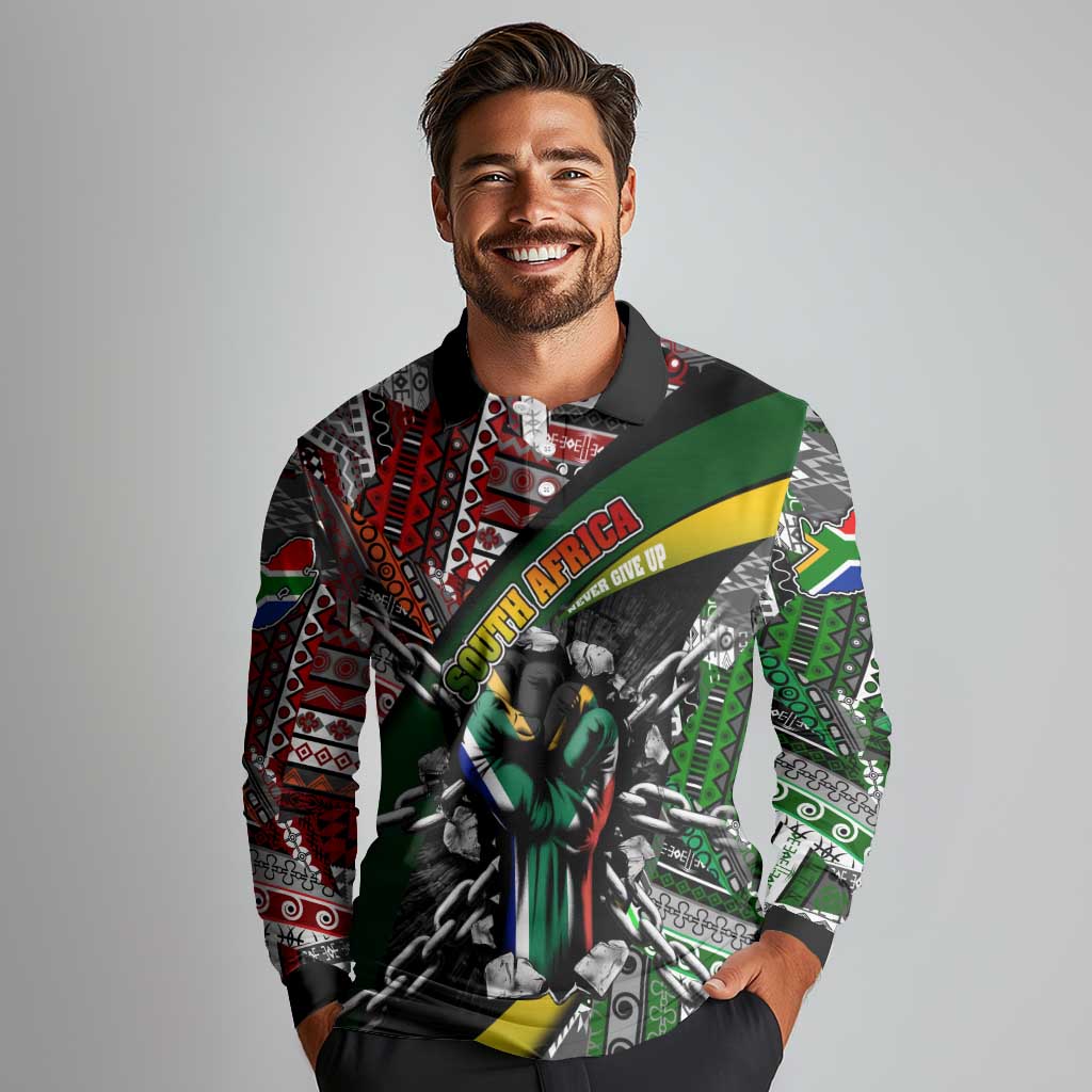South Africa Never Give Up Long Sleeve Polo Shirt SA Fist of Freedom