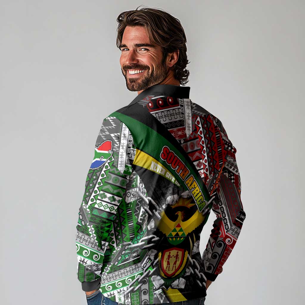 South Africa Never Give Up Long Sleeve Polo Shirt SA Fist of Freedom