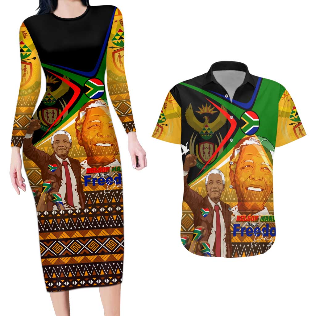 Nelson Mandela Happy Freedom Day Couples Matching Long Sleeve Bodycon Dress and Hawaiian Shirt South Africa Heritage Victory Art