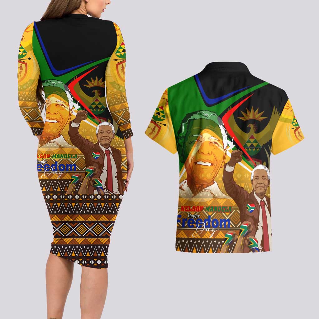 Nelson Mandela Happy Freedom Day Couples Matching Long Sleeve Bodycon Dress and Hawaiian Shirt South Africa Heritage Victory Art