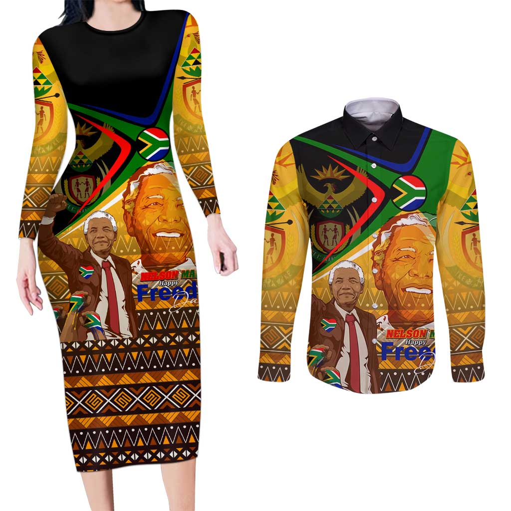 Nelson Mandela Happy Freedom Day Couples Matching Long Sleeve Bodycon Dress and Long Sleeve Button Shirt South Africa Heritage Victory Art