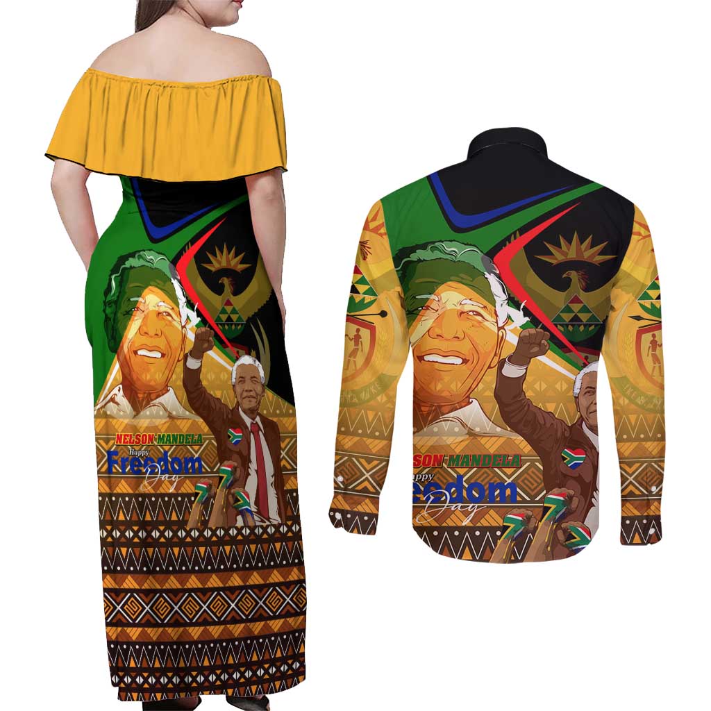Nelson Mandela Happy Freedom Day Couples Matching Off Shoulder Maxi Dress and Long Sleeve Button Shirt South Africa Heritage Victory Art
