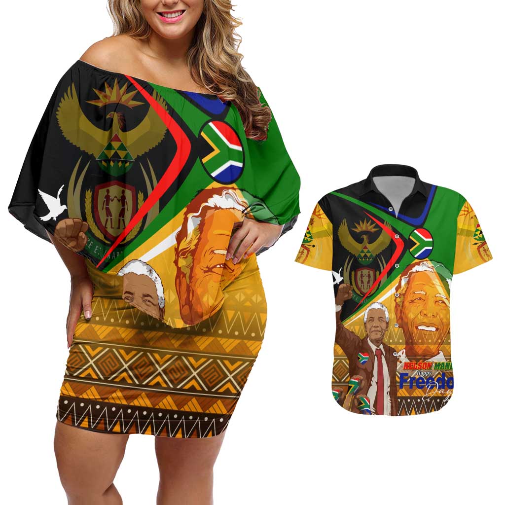 Nelson Mandela Happy Freedom Day Couples Matching Off Shoulder Short Dress and Hawaiian Shirt South Africa Heritage Victory Art