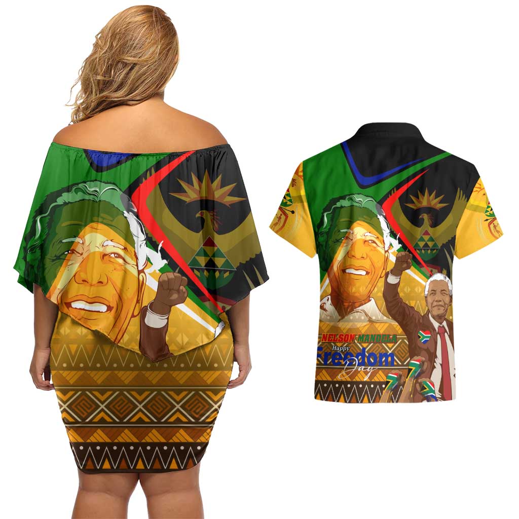 Nelson Mandela Happy Freedom Day Couples Matching Off Shoulder Short Dress and Hawaiian Shirt South Africa Heritage Victory Art