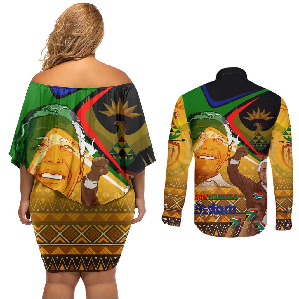 Nelson Mandela Happy Freedom Day Couples Matching Off Shoulder Short Dress and Long Sleeve Button Shirt South Africa Heritage Victory Art