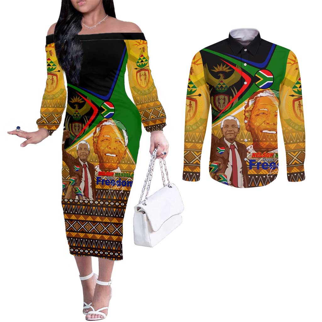 Nelson Mandela Happy Freedom Day Couples Matching Off The Shoulder Long Sleeve Dress and Long Sleeve Button Shirt South Africa Heritage Victory Art