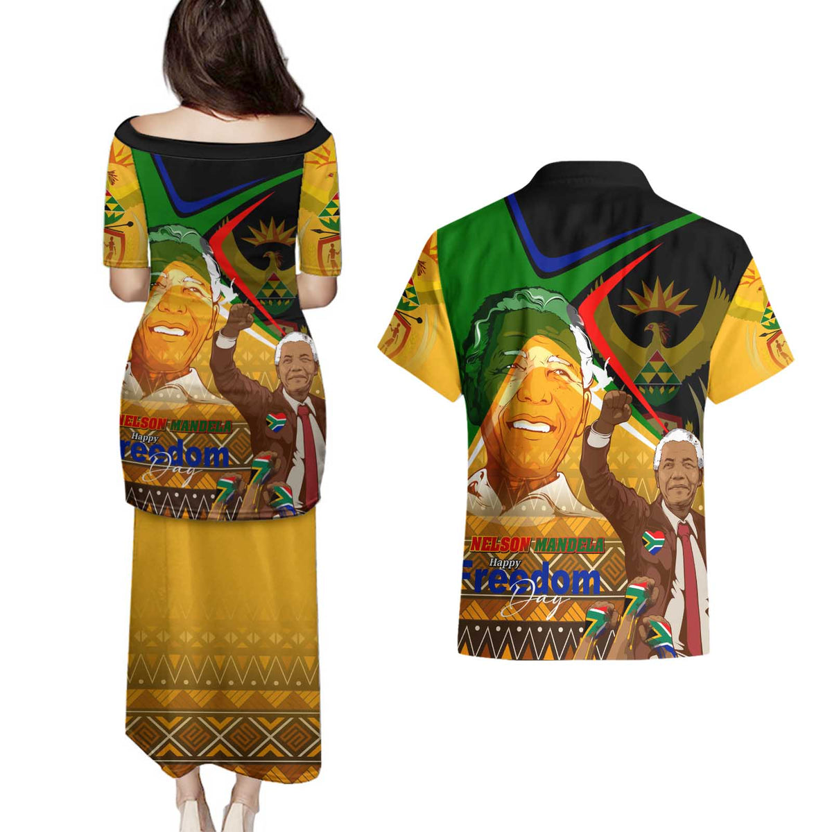 Nelson Mandela Happy Freedom Day Couples Matching Puletasi and Hawaiian Shirt South Africa Heritage Victory Art