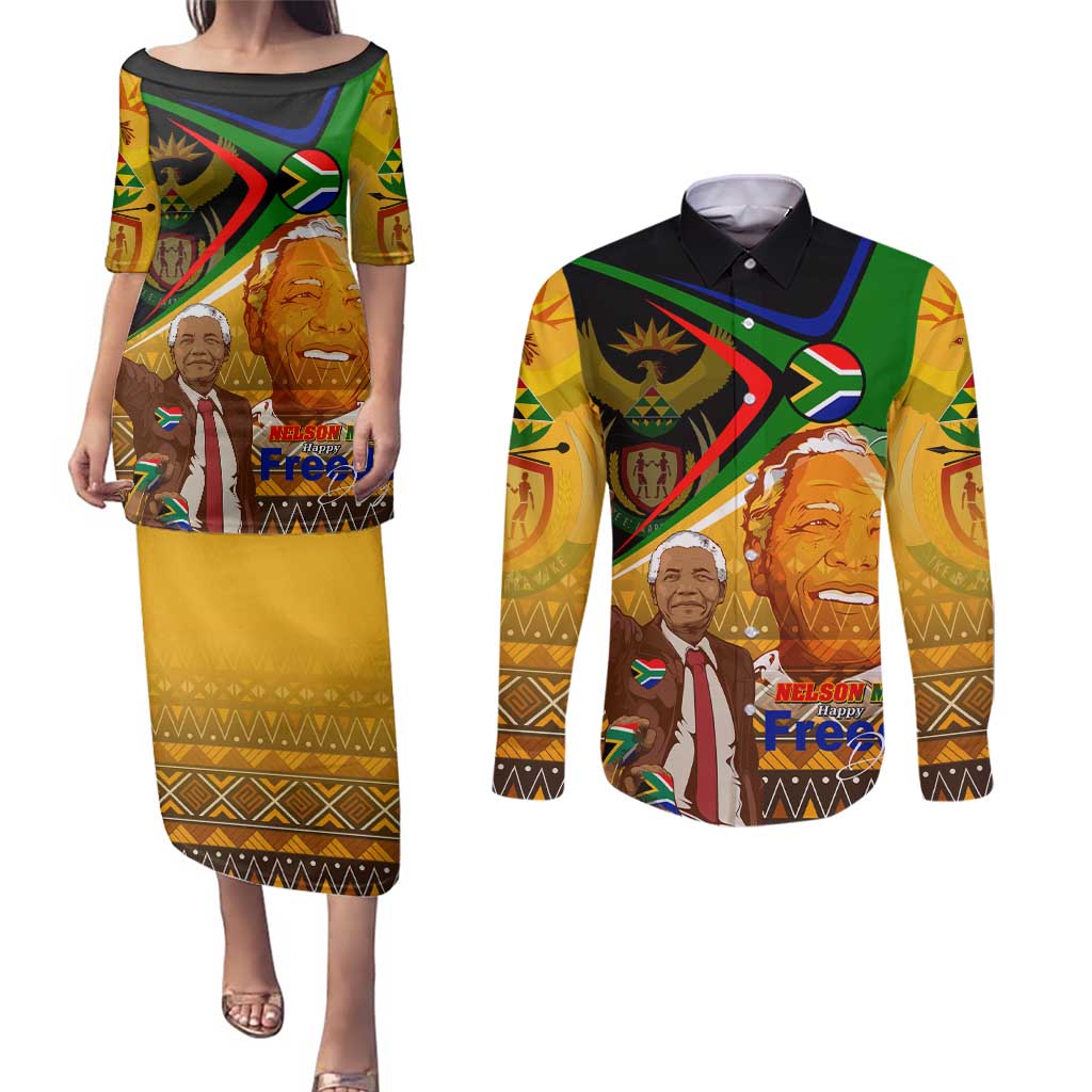 Nelson Mandela Happy Freedom Day Couples Matching Puletasi and Long Sleeve Button Shirt South Africa Heritage Victory Art