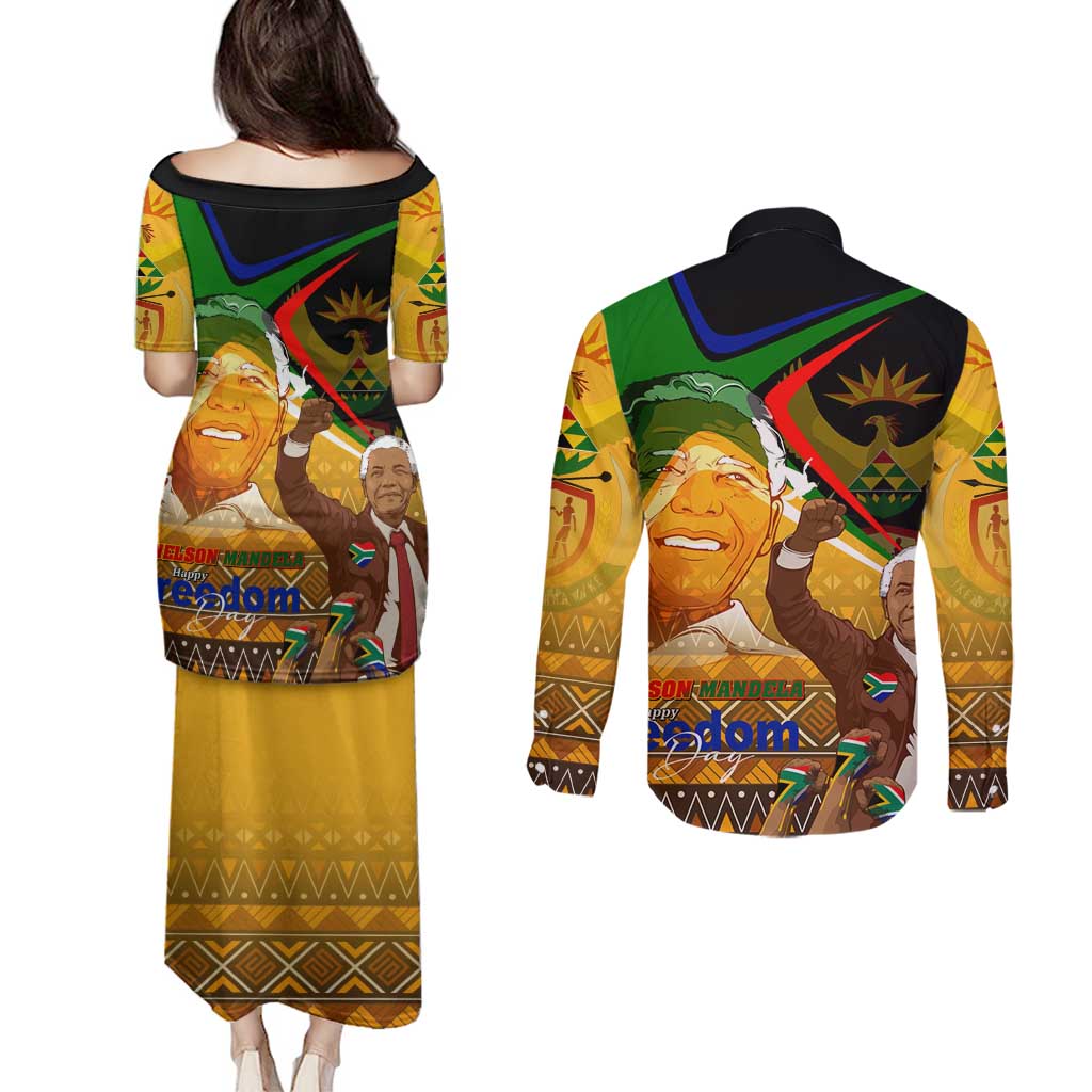 Nelson Mandela Happy Freedom Day Couples Matching Puletasi and Long Sleeve Button Shirt South Africa Heritage Victory Art