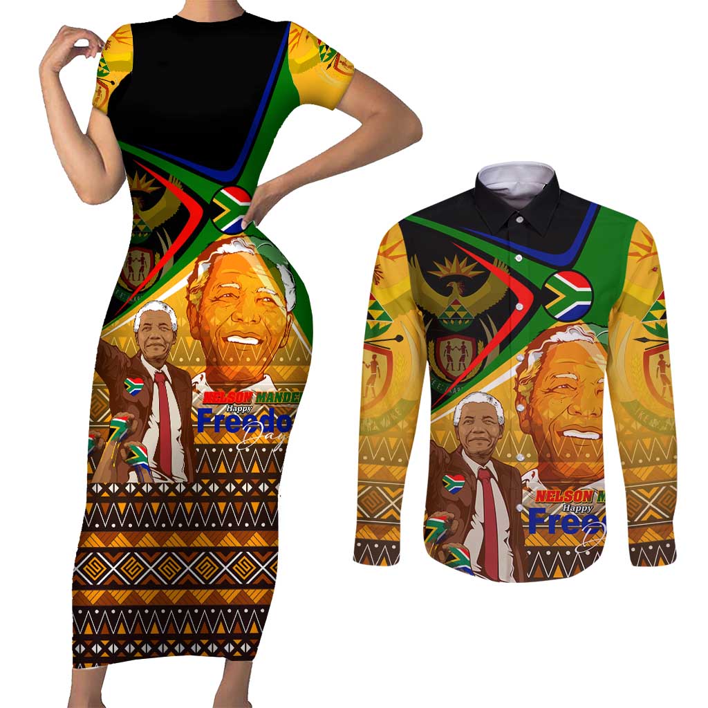 Nelson Mandela Happy Freedom Day Couples Matching Short Sleeve Bodycon Dress and Long Sleeve Button Shirt South Africa Heritage Victory Art