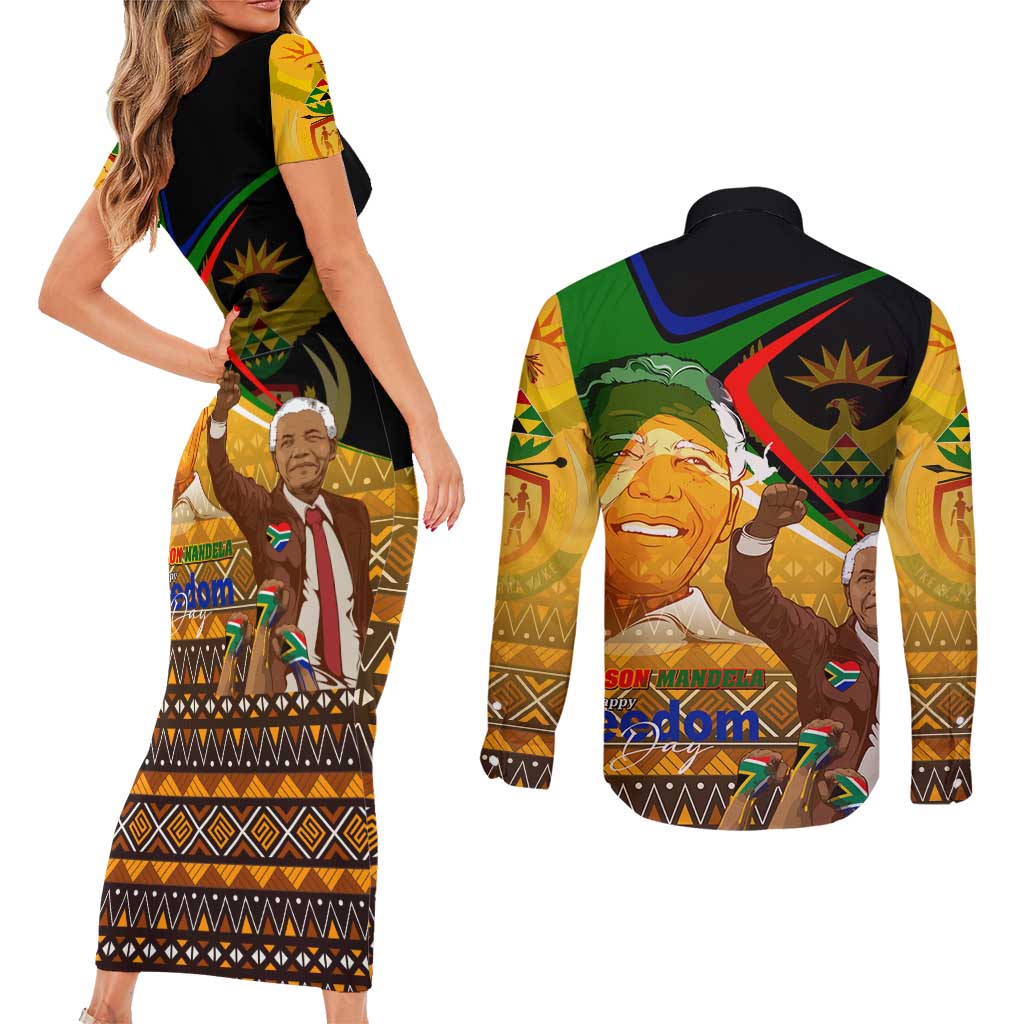 Nelson Mandela Happy Freedom Day Couples Matching Short Sleeve Bodycon Dress and Long Sleeve Button Shirt South Africa Heritage Victory Art