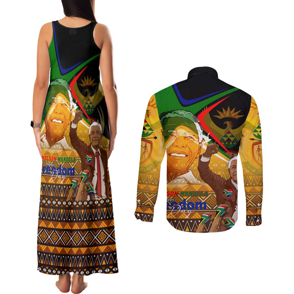 Nelson Mandela Happy Freedom Day Couples Matching Tank Maxi Dress and Long Sleeve Button Shirt South Africa Heritage Victory Art