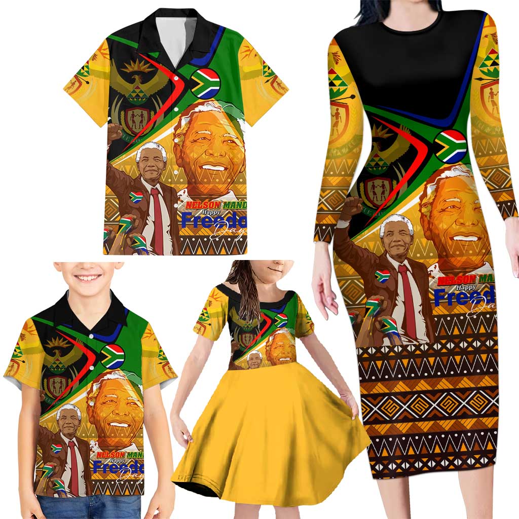 Nelson Mandela Happy Freedom Day Family Matching Long Sleeve Bodycon Dress and Hawaiian Shirt South Africa Heritage Victory Art