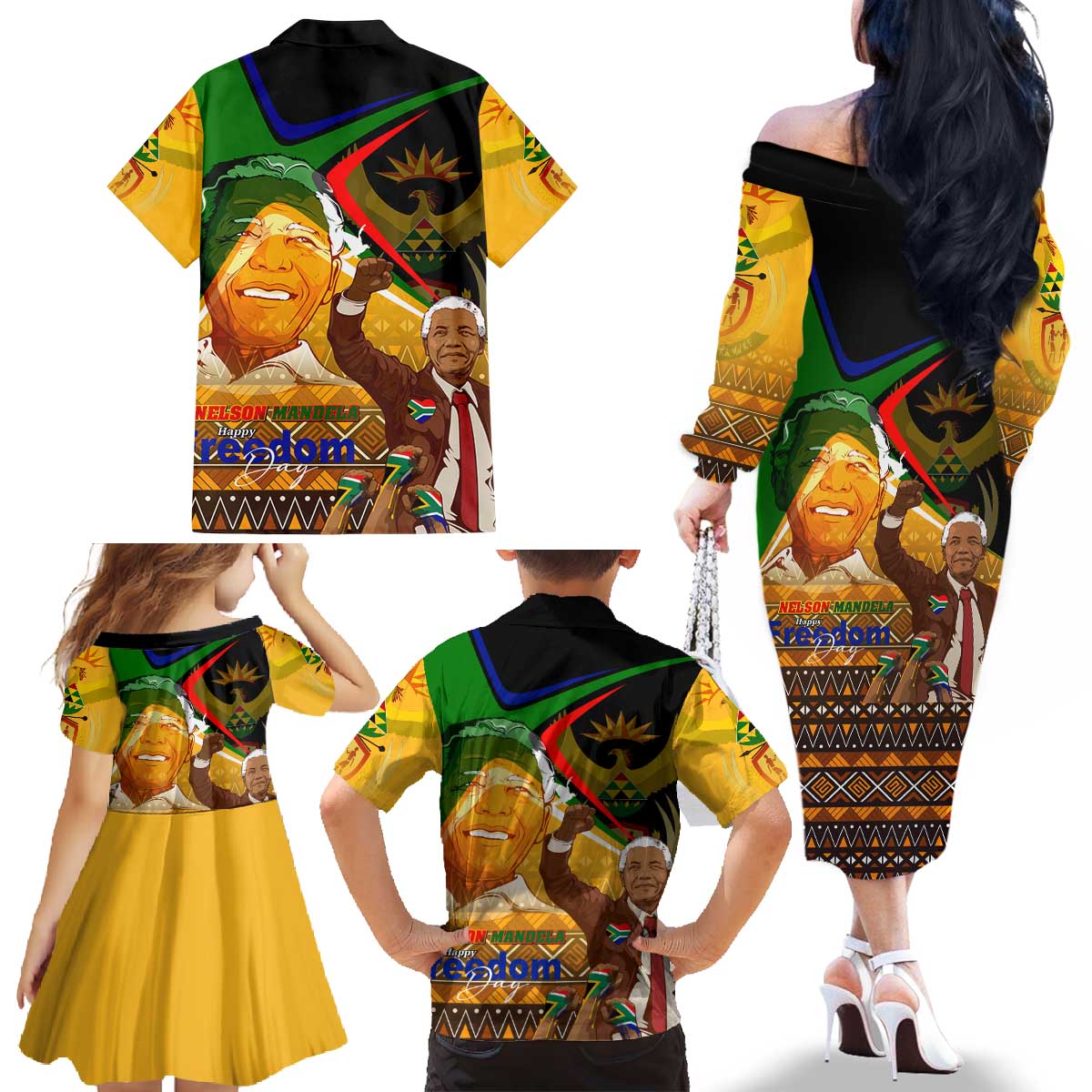 Nelson Mandela Happy Freedom Day Family Matching Off The Shoulder Long Sleeve Dress and Hawaiian Shirt South Africa Heritage Victory Art