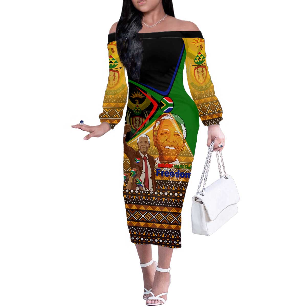 Nelson Mandela Happy Freedom Day Family Matching Off The Shoulder Long Sleeve Dress and Hawaiian Shirt South Africa Heritage Victory Art