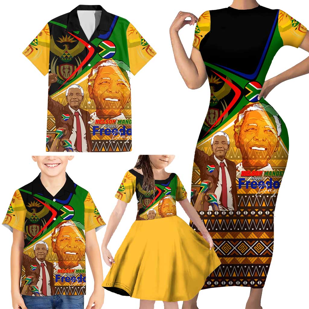 Nelson Mandela Happy Freedom Day Family Matching Short Sleeve Bodycon Dress and Hawaiian Shirt South Africa Heritage Victory Art