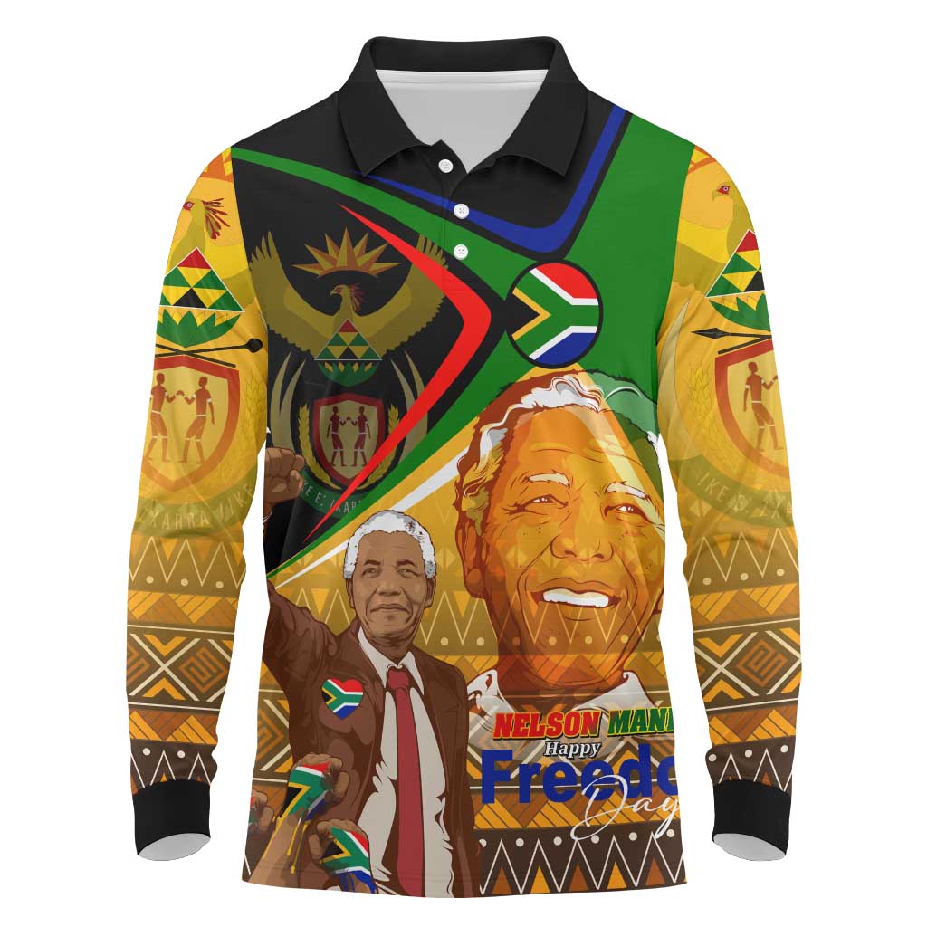 Nelson Mandela Happy Freedom Day Long Sleeve Polo Shirt South Africa Heritage Victory Art