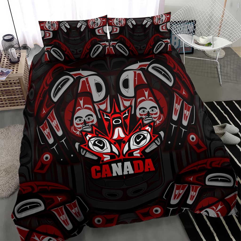 Haida Canada Day Bedding Set Totem Inspired Maple Leaf Indigenous Art