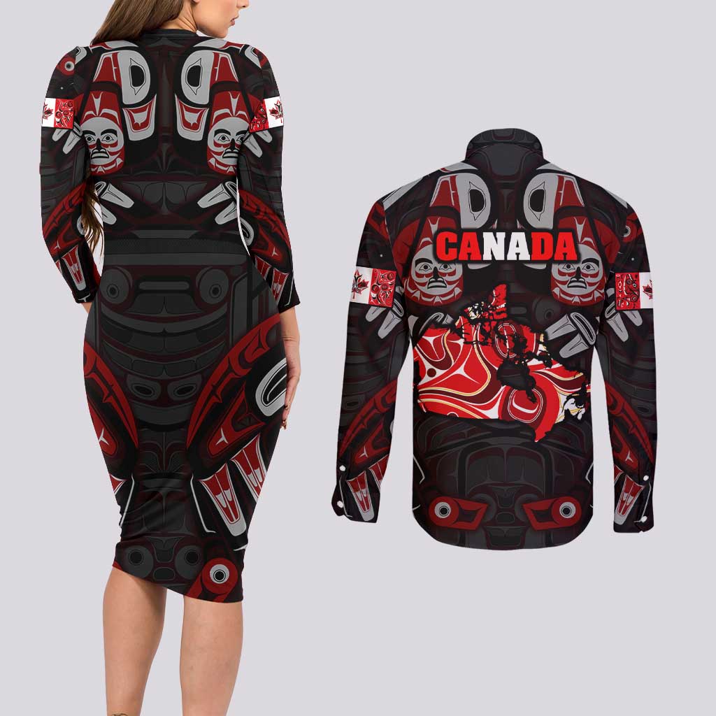 Haida Canada Day Couples Matching Long Sleeve Bodycon Dress and Long Sleeve Button Shirt Totem Inspired Maple Leaf Indigenous Art